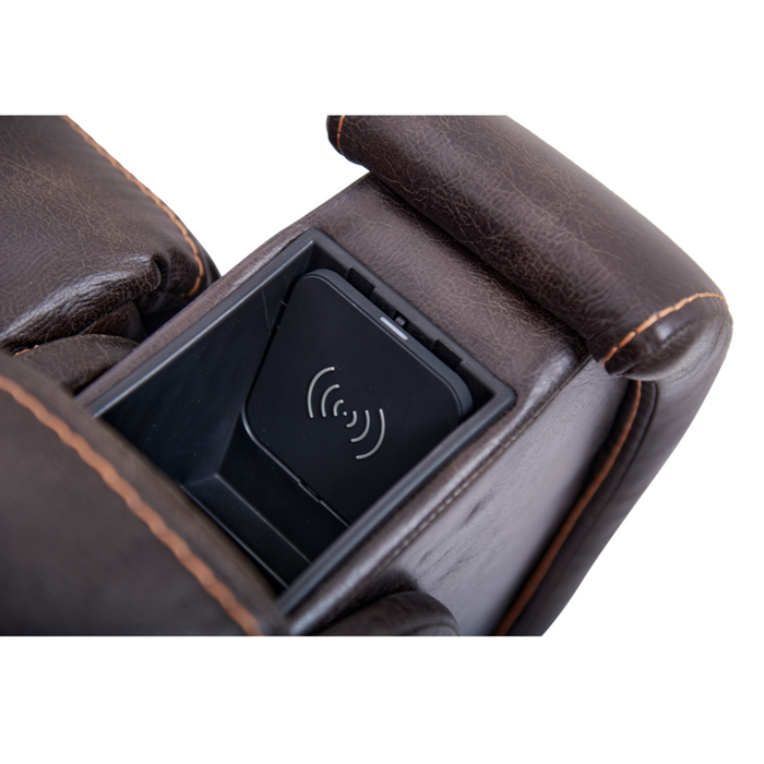 Close-up of a brown leather armrest with orange stitching on the Golden Tech PR448 Titan Recliner, featuring a built-in wireless charger in an open compartment marked with a charging symbol.