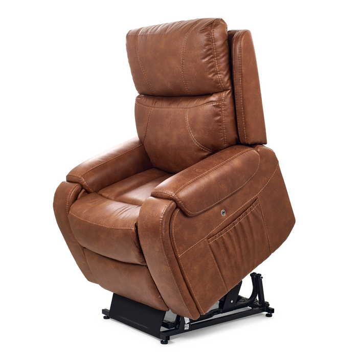 The Golden Tech PR448 Titan Recliner with Lift Assist and MaxiComfort® - Medium features a brown leather finish, tufted backrest, black metal base, padded armrests, visible stitching, 4-Zone Comfort Zone Positioning System, and a wireless smartphone charger.