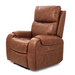 The Golden Tech PR448 Titan Recliner with Lift Assist & MaxiComfort® in brown leather features plush cushioning, a reclining backrest, 4-Zone Comfort Zone Positioning System, a side pocket for storage, and a wireless smartphone charger for modern comfort and convenience.