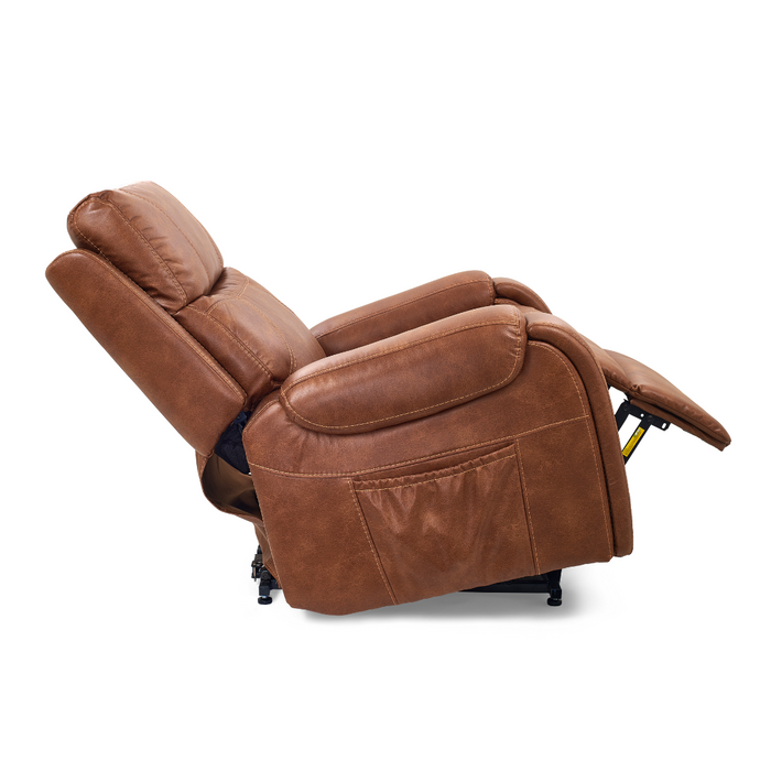 The Golden Tech PR448 Titan Recliner With Lift Assist & MaxiComfort® - Medium features a thick-cushioned, extended footrest and showcases a seamless 4-Zone Comfort Zone Positioning System for ultimate relaxation in its fully reclined, side-profile view.