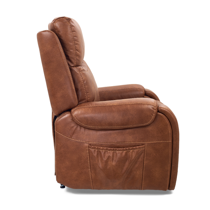 The Golden Tech PR448 Titan Recliner with Lift Assist & MaxiComfort® - Medium in brown leather shows its side view with a padded backrest, cushioned seat, 4-Zone Comfort Zone Positioning System, side pocket, and wireless smartphone charger against a white background.