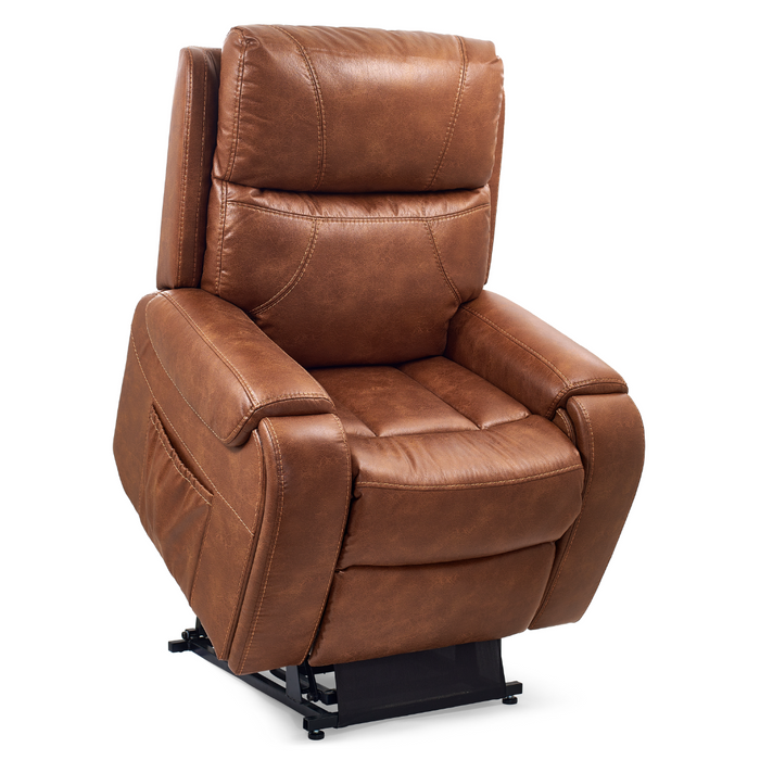 The Golden Tech PR448 Titan Recliner with Lift Assist & MaxiComfort® - Medium is a brown leather chair with plush cushioning, a 4-Zone Comfort Zone Positioning System, sleek black metal base when raised, visible seams, side storage pocket, and offers optimal relaxation.