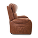 Side view of the Golden Tech PR448 Titan Recliner with Lift Assist & MaxiComfort® - Medium in brown leather finish, featuring an upright backrest, cushioned armrests, a side pocket for magazines or remotes, and a Wireless Smartphone Charger.