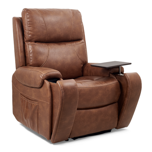 The Golden Tech PR448 Titan Recliner With Lift Assist & MaxiComfort® - Medium is a brown leather chair featuring cushioned seats and backrests, a 4-Zone Comfort Zone Positioning System, a wooden tray on one armrest, side pockets for storage, and a sleek wireless smartphone charger.