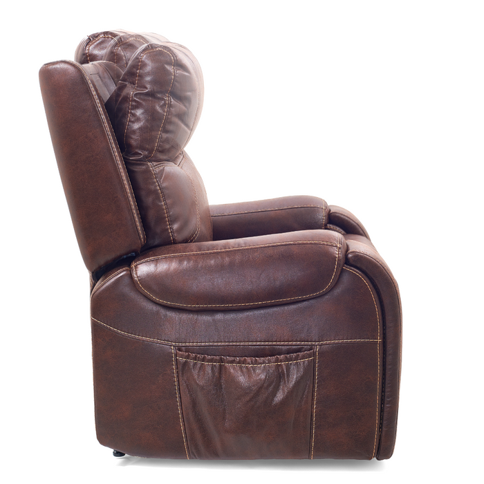 The Golden Tech PR448 Titan Recliner in brown leather displays a side pocket, cushioned seating, and backrest for comfort and style. Its worn leather adds cozy appeal, while the 4-Zone Comfort Zone Positioning System provides personalized relaxation.