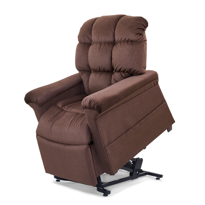 The Golden Tech PR510 MaxiComfort Cloud Recliner provides plush, cushioned back and armrests on a black metal base in brown. It features Zero Gravity+ (ZG+) positioning for ultimate ease and comfort, with partial upright reclining for relaxation, and lift assist in extra wide size.