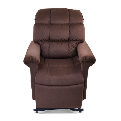 The Golden Tech PR510 MaxiComfort Cloud Recliner With Lift Assist - Extra Wide, in plush brown with padded armrests and tufted cushions, features ZG+ positioning. It sits elegantly against a plain white background, showcasing a high backrest design.