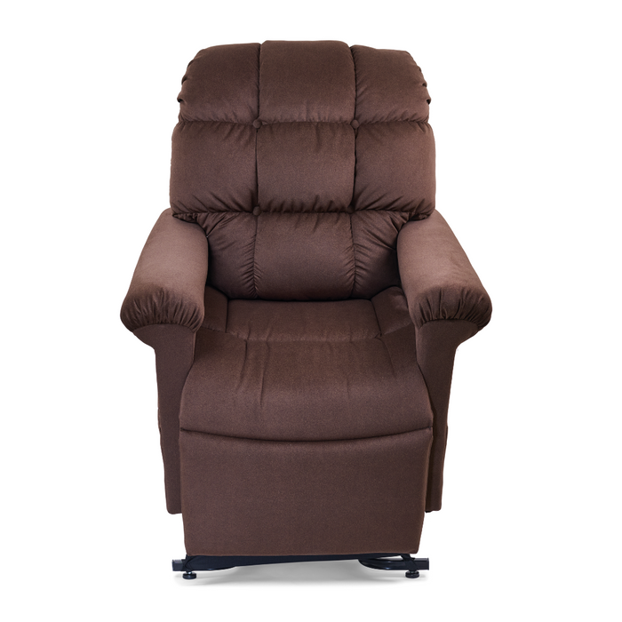 The Golden Tech PR510 MaxiComfort Cloud Recliner With Lift Assist - Extra Wide, in plush brown with padded armrests and tufted cushions, features ZG+ positioning. It sits elegantly against a plain white background, showcasing a high backrest design.