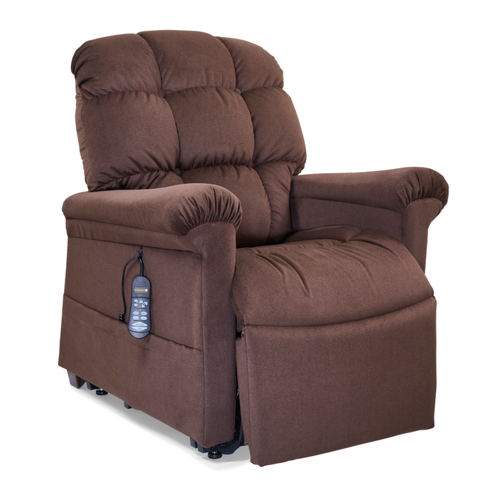 The Golden Tech PR510 MaxiComfort Cloud Recliner With Lift Assist - Extra Wide, in brown fabric, boasts a plush tufted backrest, wide armrests, and Zero Gravity+ (ZG+) positioning. It includes a remote for easy reclining and lift adjustments, displayed against a crisp white background.