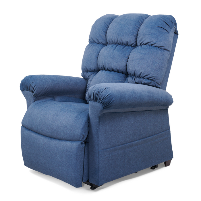 Unwind in the Golden Tech PR510 MaxiComfort Cloud Recliner with Lift Assist - Extra Wide. Its plush, blue design offers cushioned armrests, a tufted backrest, and soft fabric. Enhanced with Zero Gravity+ (ZG+) positioning, it provides ultimate relaxation after a long day.