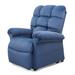 Unwind in the Golden Tech PR510 MaxiComfort Cloud Recliner with Lift Assist - Extra Wide. Its plush, blue design offers cushioned armrests, a tufted backrest, and soft fabric. Enhanced with Zero Gravity+ (ZG+) positioning, it provides ultimate relaxation after a long day.