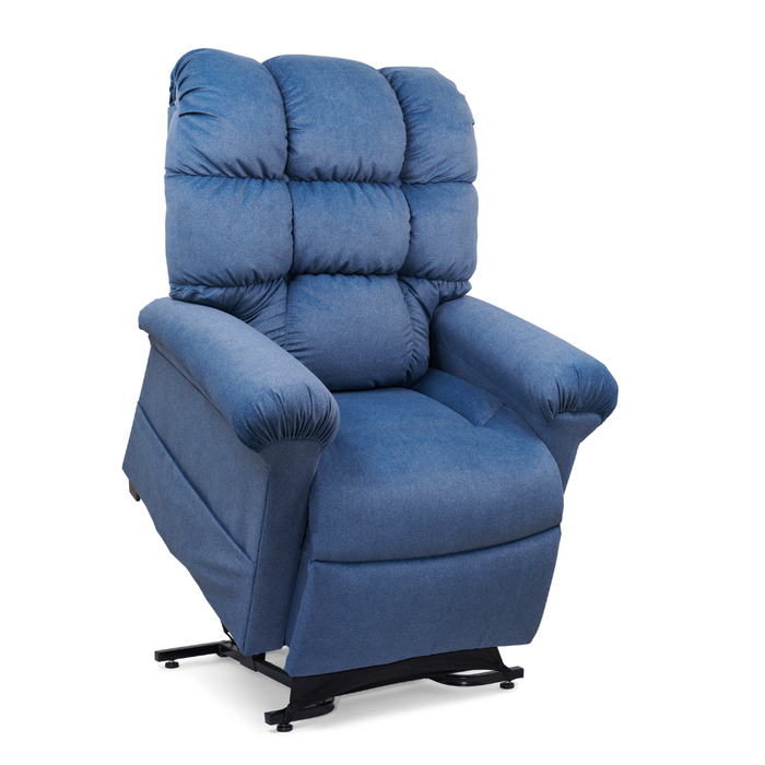 The Golden Tech PR510 MaxiComfort Cloud Recliner with Lift Assist - Extra Wide offers unparalleled comfort with its blue fabric, thick padding, tufted backrest, wide armrests, and dark base featuring Zero Gravity+ (ZG+) positioning for ultimate relaxation.