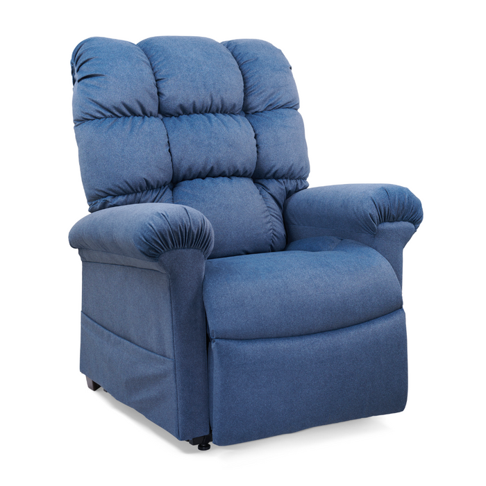 The Golden Tech PR510 MaxiComfort Cloud Recliner with Lift Assist in blue features Zero Gravity+ positioning, a high tufted backrest, and padded armrests, all set against a white background.