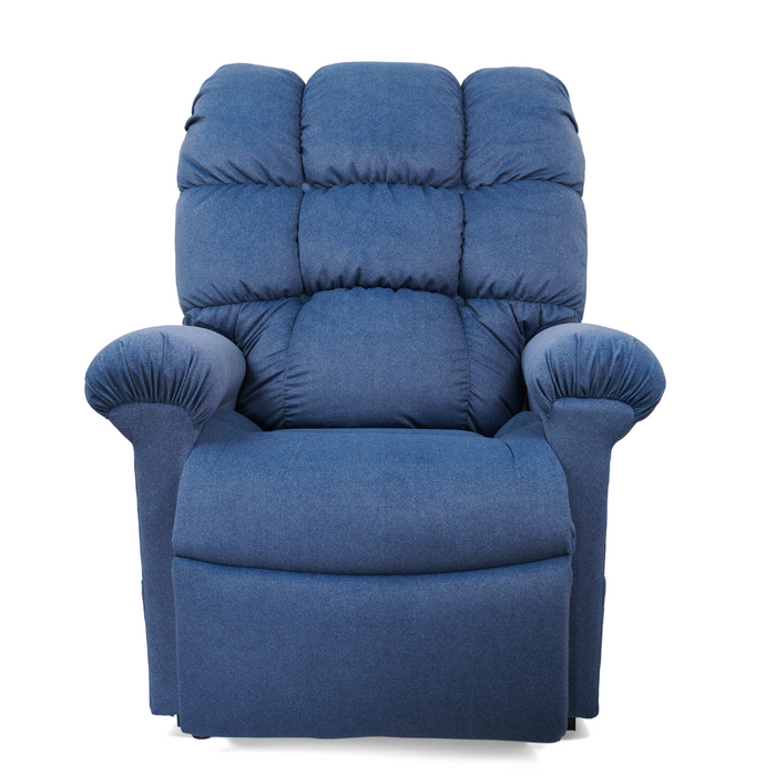 The Golden Tech PR510 MaxiComfort Cloud Recliner with Lift Assist - Extra Wide, features blue upholstery, padded armrests, a cushioned backrest, and a plush appearance. The textured fabric enhances the luxurious MaxiComfort® experience. Displayed forward-facing on a white background.