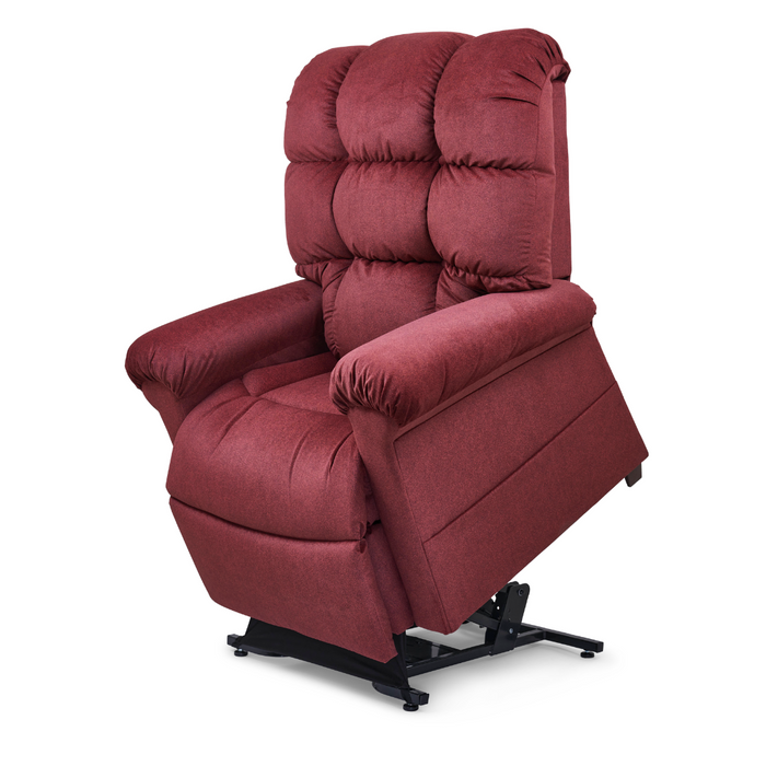 The Golden Tech PR510 MaxiComfort Cloud Recliner, Extra Wide, in plush burgundy, features thick cushions and a metallic lift-assist base. It offers exceptional relaxation with ZG+ positioning and is partially elevated.