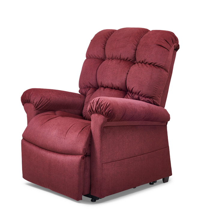 The Golden Tech PR510 MaxiComfort Cloud Recliner with Lift Assist - Extra Wide, in plush maroon with thick cushioning and a tufted backrest, offers padded armrests and seat, plus Zero Gravity+ positioning for exceptional relaxation, set against a plain white background.