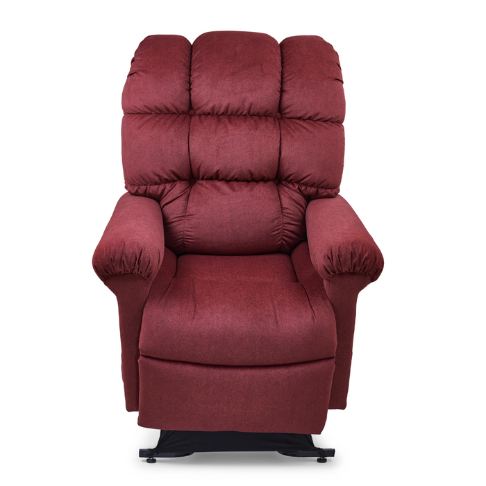 The Golden Tech PR510 MaxiComfort Cloud Recliner with Lift Assist - Extra Wide, in red, features plush cushioning, soft textured upholstery, and Zero Gravity+ positioning for enhanced relaxation. With a cushioned backrest and armrests, it offers comfort and an inviting look against a white background.