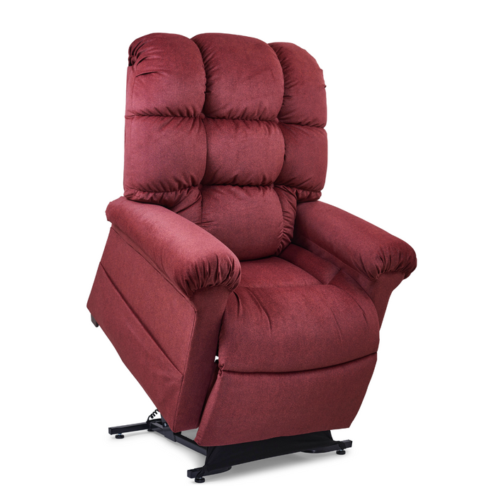 The Golden Tech PR510 MaxiComfort Cloud Recliner With Lift Assist - Extra Wide in plush burgundy features an electric lift, Zero Gravity+ (ZG+) positioning, thick cushioning, a tall backrest, and Full Body Heat Wave Technology for ultimate comfort and support.