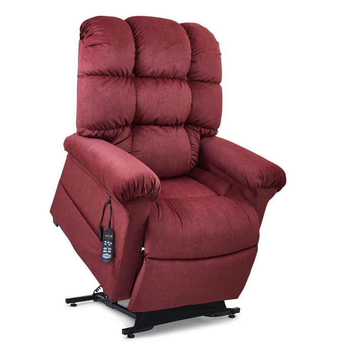 Relax in the Golden Tech PR510 MaxiComfort Cloud Recliner, featuring plush comfort with lift assist. Enjoy a red recliner with high back and cushioned armrests, seamlessly adjusting Zero Gravity+ (ZG+) positioning via remote on a chic black base for elevated comfort.