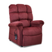 A plush red cushioned recliner with padded armrests is shown. Featuring the Golden Tech PR510 MaxiComfort Cloud Recliner with Lift Assist, it offers Zero Gravity+ positioning and a left-side remote for customizable comfort and relaxation.