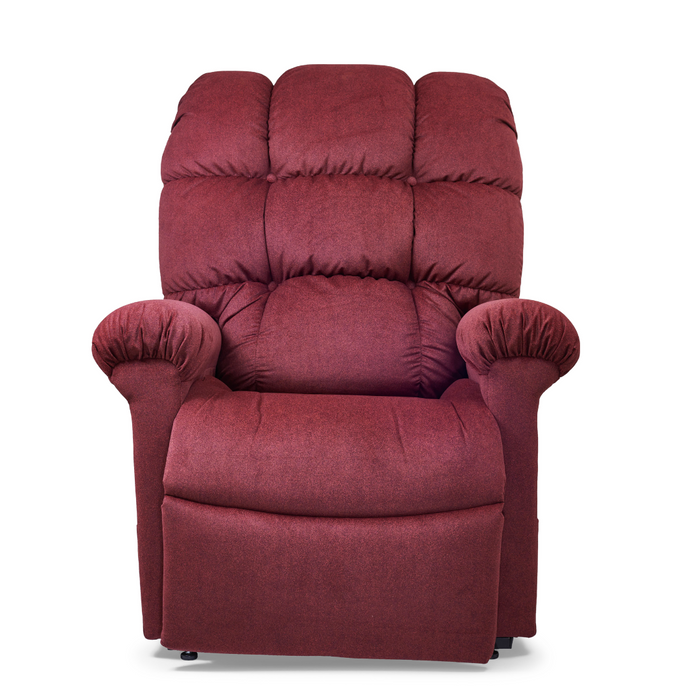 A plush, maroon Golden Tech PR510 MaxiComfort Cloud Recliner with Lift Assist - Extra Wide, featuring a high backrest and cushioned armrests. The fabric looks soft and is enhanced with Full Body Heat Wave Technology for ultimate relaxation.