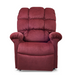 A plush, maroon Golden Tech PR510 MaxiComfort Cloud Recliner with Lift Assist - Extra Wide, featuring a high backrest and cushioned armrests. The fabric looks soft and is enhanced with Full Body Heat Wave Technology for ultimate relaxation.