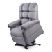 The Golden Tech PR510 MaxiComfort Cloud Recliner, in a gray plush finish, features a black metal power lift mechanism. It offers padded armrests, a tufted back for comfort, and Zero Gravity+ for smooth transitions between positions.