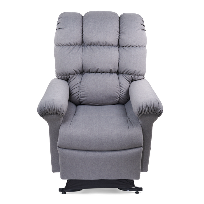 The Golden Tech PR510 MaxiComfort Cloud Recliner with Lift Assist - Extra Wide is a plush, gray chair featuring a high backrest, padded armrests, tufted quilted fabric, and ZG+ positioning for ultimate relaxation. Its shown upright on a white background.