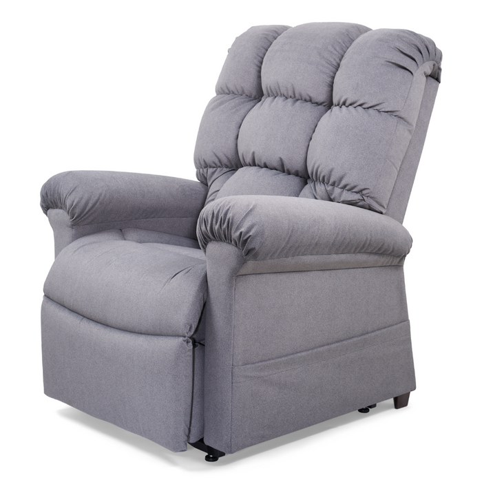 The Golden Tech PR510 MaxiComfort Cloud Recliner (Extra Wide) in light gray boasts tufted cushioning, broad armrests, and Zero Gravity+ positioning. Its thick seat and backrest provide unmatched comfort, delivering a superior relaxation experience.