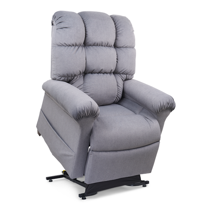 A gray Golden Tech PR510 MaxiComfort Cloud Recliner with Lift Assist in Extra Wide features plush cushioning on the back, armrests, and seat. Partially elevated on a black base, its soft fabric and Zero Gravity+ (ZG+) positioning offer ultimate comfort in the standing assist position.