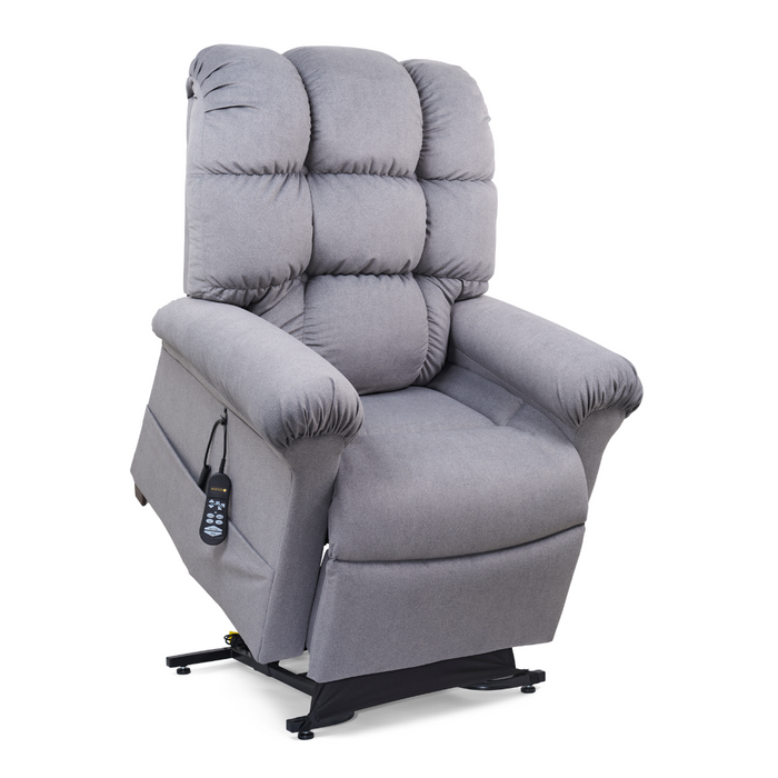 Experience ultimate comfort with the Golden Tech PR510 MaxiComfort Cloud Recliner. This extra-wide plush chair features a tufted backrest, wide armrests, ZG+ positioning, and Full Body Heat Wave Technology. An attached remote control adjusts its features on a sleek black base.