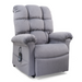 The Golden Tech PR510 MaxiComfort Cloud Recliner With Lift Assist - Extra Wide is a plush gray chair with padded armrests, a tufted backrest, and an attached remote offering Zero Gravity+ (ZG+) positioning for ultimate relaxation.