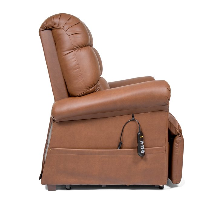 The Golden Tech PR510 MaxiComfort Cloud Recliner with Lift Assist - Extra Wide is a brown leather chair with a tufted backrest and plush seating. It features Full Body Heat Wave Technology and an advanced motorized remote control, shown side view on a white background.