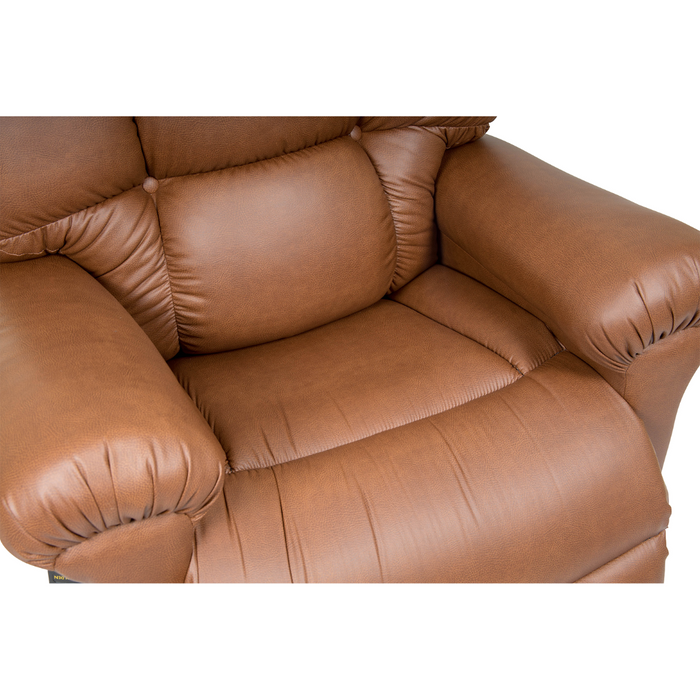 Close-up of the Golden Tech PR510 MaxiComfort Cloud Recliner in brown leather, featuring plush armrests and backrest. The smooth texture and soft padding ensure ultimate relaxation with Zero Gravity+ (ZG+) positioning for optimal comfort. Extra wide design with lift assist.