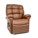 The Golden Tech PR510 MaxiComfort Cloud Recliner boasts a plush brown leather design with a tufted backrest and cushioned arms. Featuring an electric recline via remote control and isolated on a white background, it also provides lift assist in an extra-wide model.