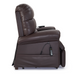 Side view of a brown leather Golden Tech PR510 MaxiComfort Cloud Recliner With Lift Assist - SM/MD, featuring Zero Gravity+ positioning. It is upright with a cushioned back and seat, remote control attached by a cord, and resting on a flat surface.