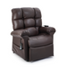 A luxurious, dark brown Golden Tech PR510 MaxiComfort Cloud Recliner with Lift Assist - SM/MD features overstuffed cushions and Zero Gravity+ positioning, with a remote control hanging on the side, set against a white backdrop.