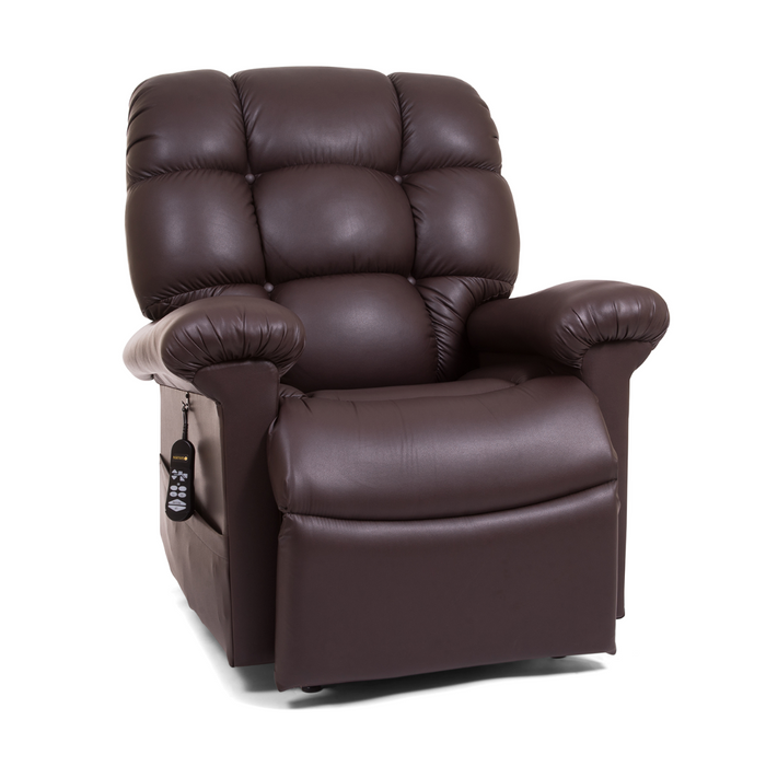 The Golden Tech PR510 MaxiComfort Cloud Recliner with Lift Assist in dark brown leather offers a plush, tufted backrest and armrests with Zero Gravity+ positioning, a side pocket for the black remote control, and is displayed against a white background.