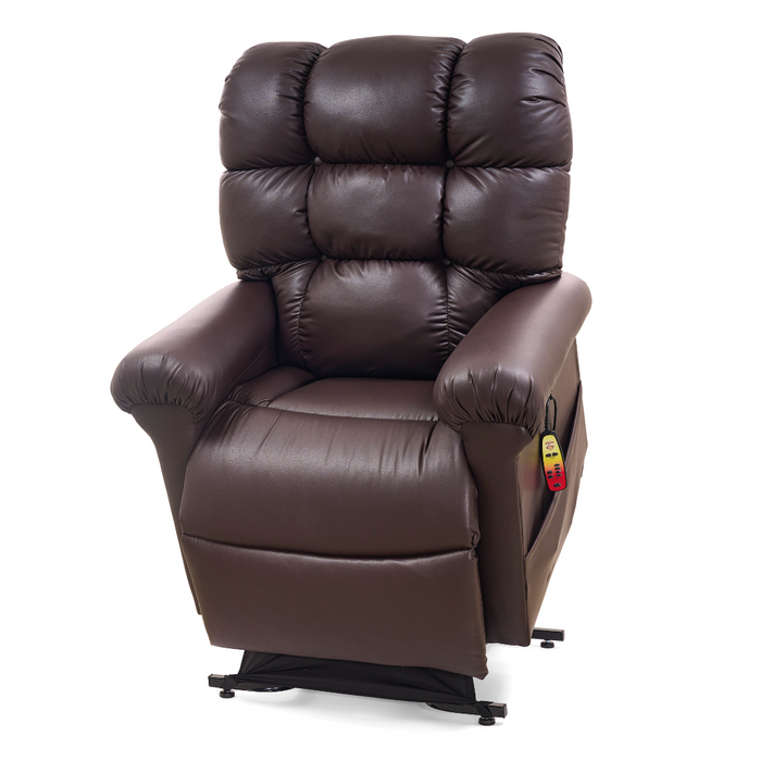 The Golden Tech PR510 MaxiComfort Cloud Recliner in brown leather offers a padded backrest and armrests, Zero Gravity+ positioning, a side pocket with a remote for adjustments, and a partially extended footrest for comfort.