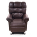 The Golden Tech PR510 MaxiComfort Cloud Recliner with Lift Assist in brown leather boasts plush armrests, a high back, and visible stitching. Its Zero Gravity+ positioning on a white background enhances its soft, cushioned design for luxurious relaxation.