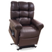 The Golden Tech PR510 MaxiComfort Cloud Recliner in brown leather, featuring a padded, tufted backrest and Zero Gravity+ positioning with an extended footrest, offers unmatched relaxation. Lift-assisted and remote-controlled from the left side, its perfect for any flat surface.