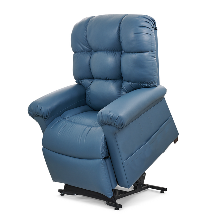 The Golden Tech PR510 MaxiComfort Cloud Recliner with Lift Assist in blue leather features a puffy cushion design, armrests, and extends for Zero Gravity+ (ZG+) positioning. It offers a modern and comfortable look ideal for relaxation.