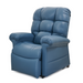 The Golden Tech PR510 MaxiComfort Cloud Recliner, an extra-wide Blue Lift Chair with cushioned backrest, armrests, and footrest, features Zero Gravity+ positioning for maximum comfort, set against a white background.