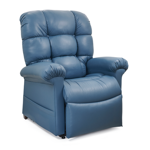 Experience ultimate relaxation with the Golden Tech PR510 MaxiComfort Cloud Recliner, an extra-wide blue recliner featuring Zero Gravity+ positioning, a high cushioned backrest and armrests, and an extending footrest for unmatched comfort.