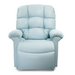 A plush, light blue Golden Tech PR510 MaxiComfort Cloud Recliner with Lift Assist - Extra Wide sits against a white background. With ZG+ positioning, tufted cushions, and padded armrests, the chair offers unmatched comfort and an inviting appearance for ultimate relaxation.