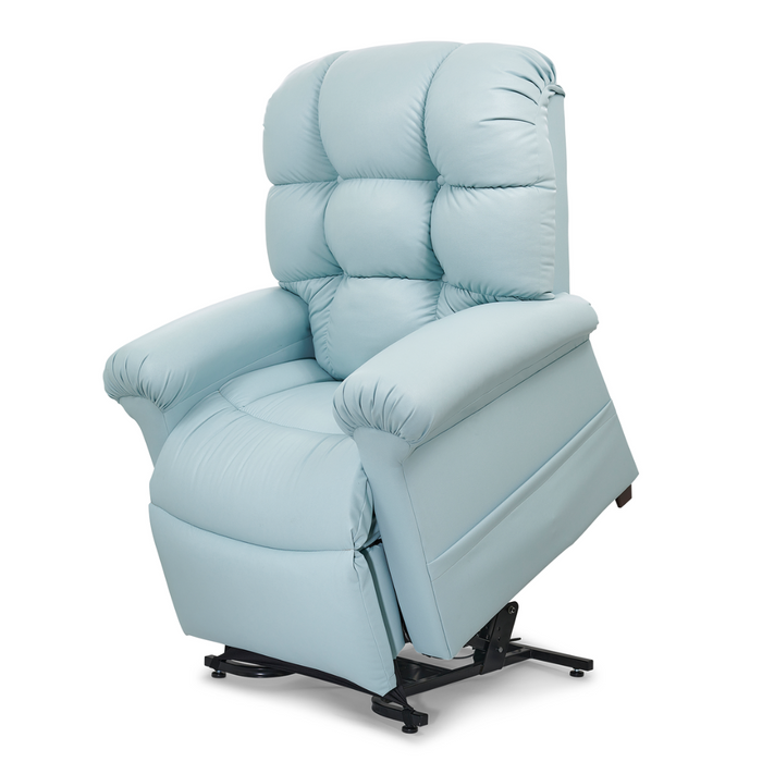 The Golden Tech PR510 MaxiComfort Cloud Recliner, in light blue, offers plush cushioning and soft armrests for ultimate comfort. Its Zero Gravity+ positioning and lift assist feature provides support and luxury in an elegant design.