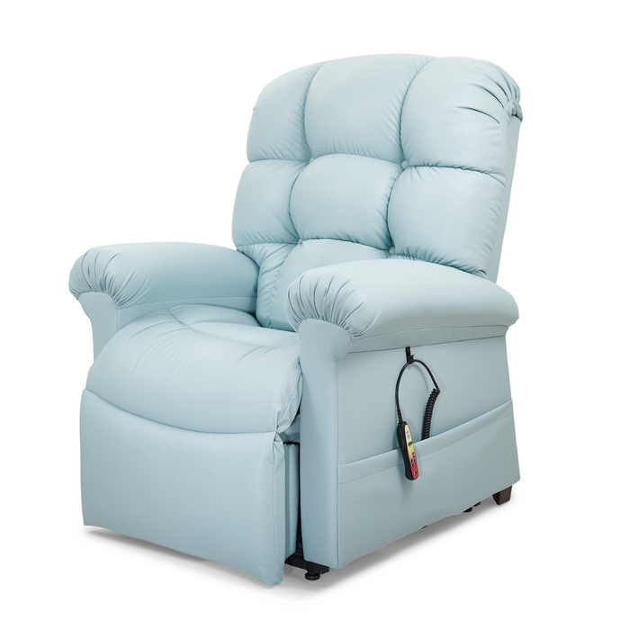 The Golden Tech PR510 MaxiComfort Cloud Recliner with Lift Assist - Extra Wide is a light blue, plush chair featuring ZG+ positioning, a cushioned backrest, padded armrests, an attached remote, and Full Body Heat Wave Technology. It’s partially reclined against a plain white background for relaxation.