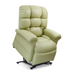 The Golden Tech PR510 MaxiComfort Cloud Recliner in light green leather features padded cushions, armrests, and a Zero Gravity+ positioning system. Its in a raised position with a black metal base.