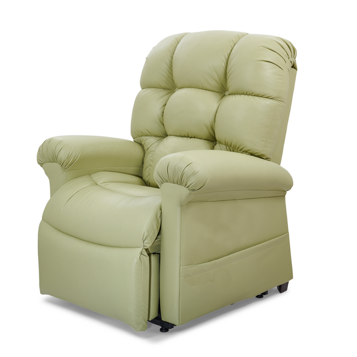 A light green Golden Tech PR510 MaxiComfort Cloud Recliner with Lift Assist - Extra Wide offers plush padding, padded arms, a high back, Zero Gravity+ positioning for relaxation, soft cushioning, and an extended footrest. It features Full Body Heat Wave Technology against a white background.