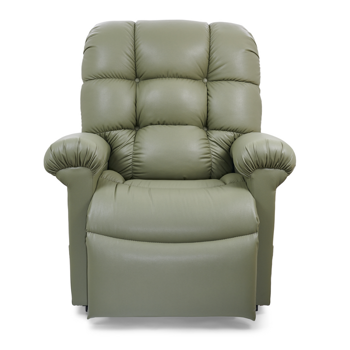 The Golden Tech PR510 MaxiComfort Cloud Recliner combines plush green leather with a tufted backrest and padded armrests. It offers Zero Gravity+ positioning and Lift Assist for enhanced relaxation, exuding comfort against a plain white backdrop.